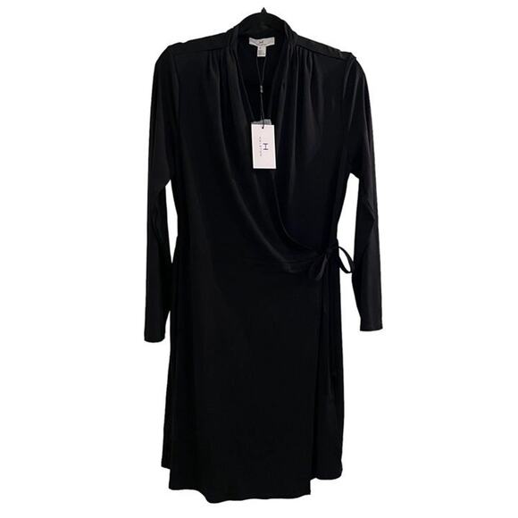 Black Stretchy Wrap Dress by H Halston Medium NWT Office Career Versatile - Picture 1 of 9